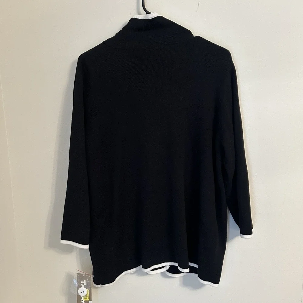 TanJay NWT Women's Black Knit Jacket Cardigan White Trim Button Front Size Large